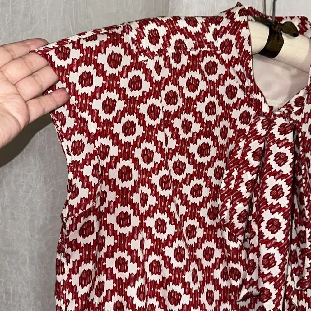 Tory Burch 10 Red White Pattern Cap Sleeve Neck Tie Silk Blouse